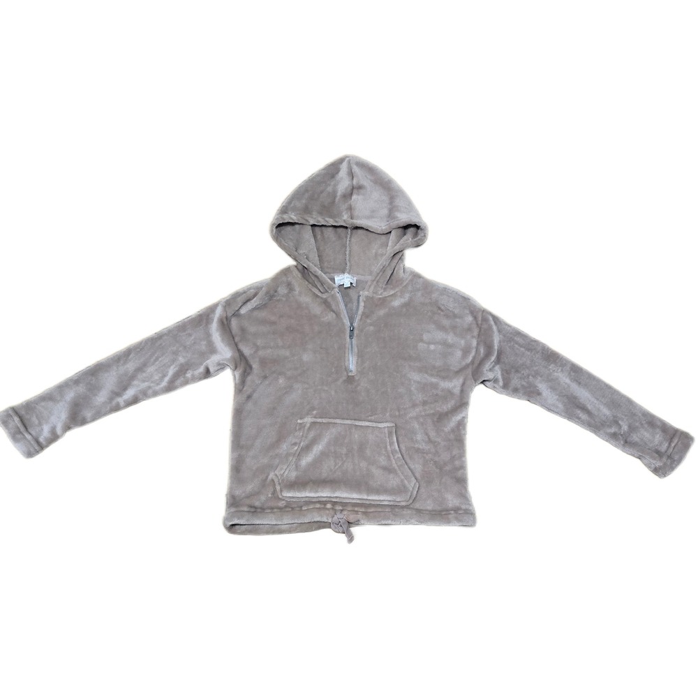 Pink Rose Faux Fur Hoodie Womens Small Taupe Gray Quarter Zip Pullover